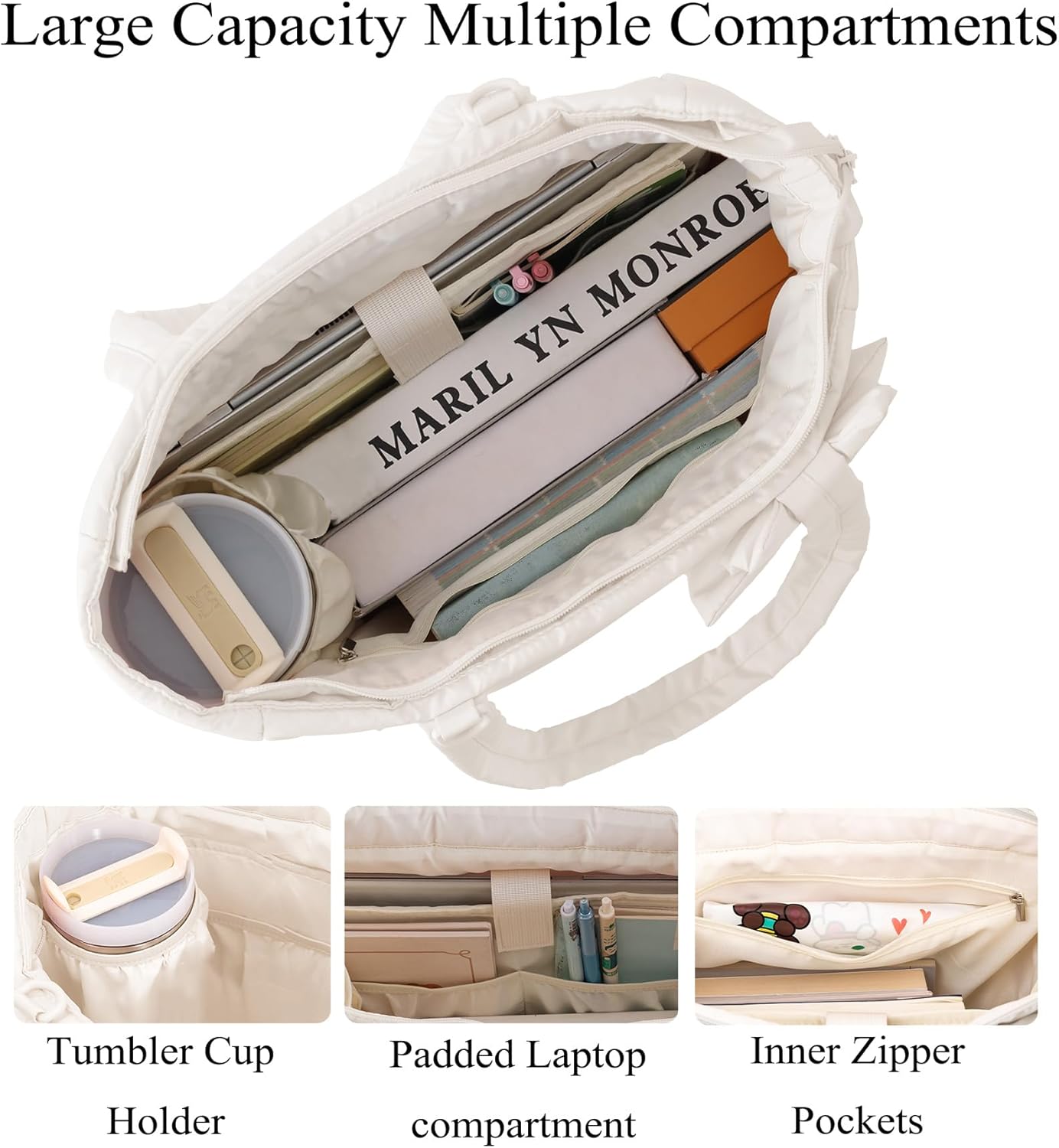 Puffer Tote Bag for Women, Quilted Bow Tote Bag with Cup Holder & 15.6 In Laptop Compartment for Work, Travel, Gym, College - Image 4