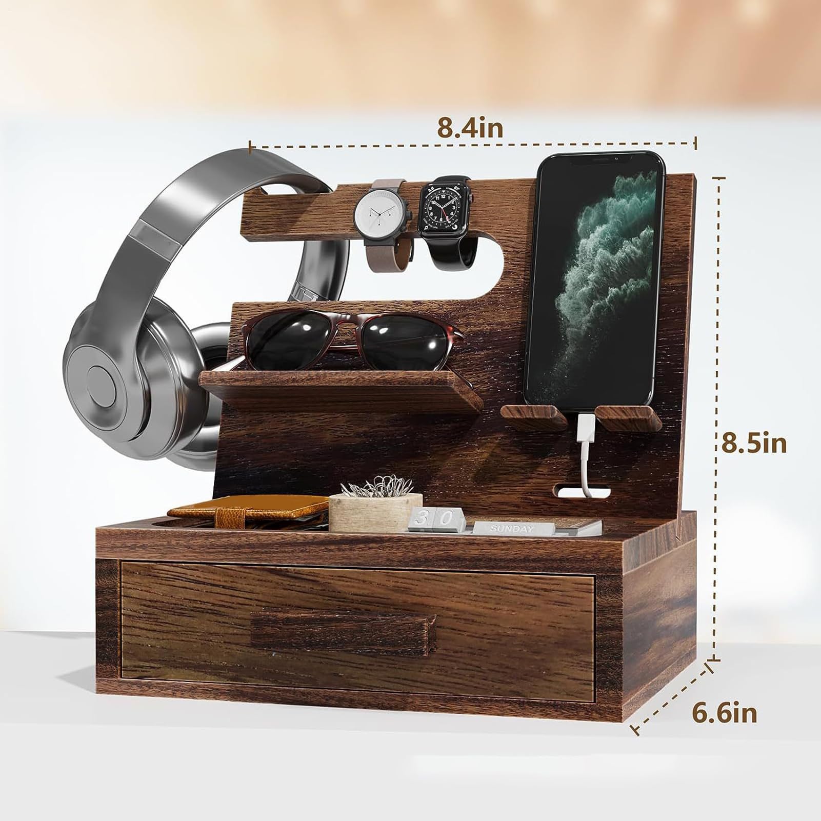 Organizer per comodino, cassetto portaoggetti, design compatto, facile da montare, slot di ricarica, design funzionale, organizer da scrivania per portachiavi, portafoglio, orologio | Stazione Di Ricarica Telefono In Legno Con Cassetto Vassoio Svuotatasch