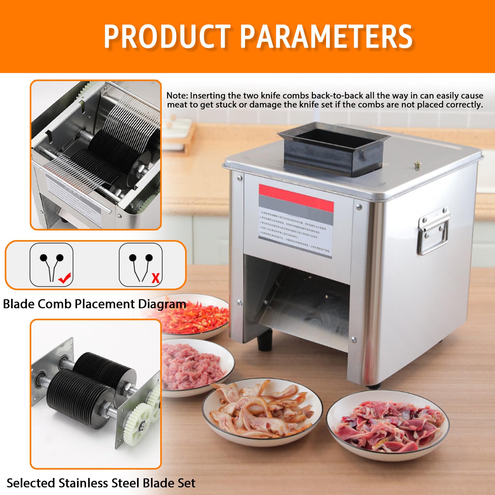 Picadora de Carne Profesional Cortadora Fiambre Grosor Regulable 2.5-15mm, para Cortar Carne, Alimentos Cocinados, Frutas Y Verduras BladeSpacing15mm
