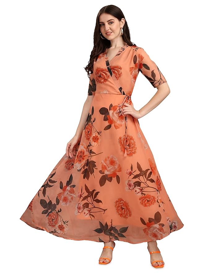 Fashion2wear Women's Georgette Midi Dress with V Neck Floral Printed A Line Style Knee Length 3/4th Sleeves and Regular Fit