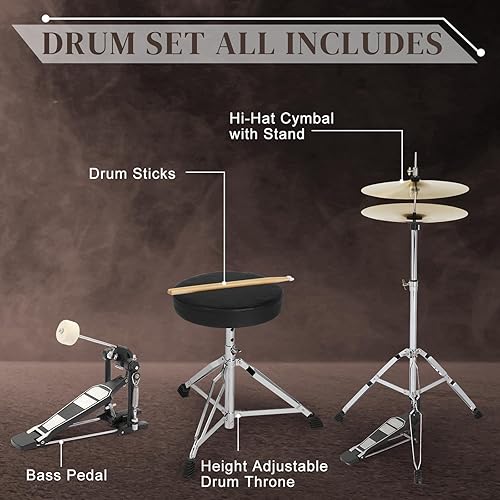 Vista 22 de Ktaxon Juego de batería para adultos de 22 pulgadas, kit de 5 piezas de tamaño completo con soportes de platillo, soporte de sombrero, palos, pedal