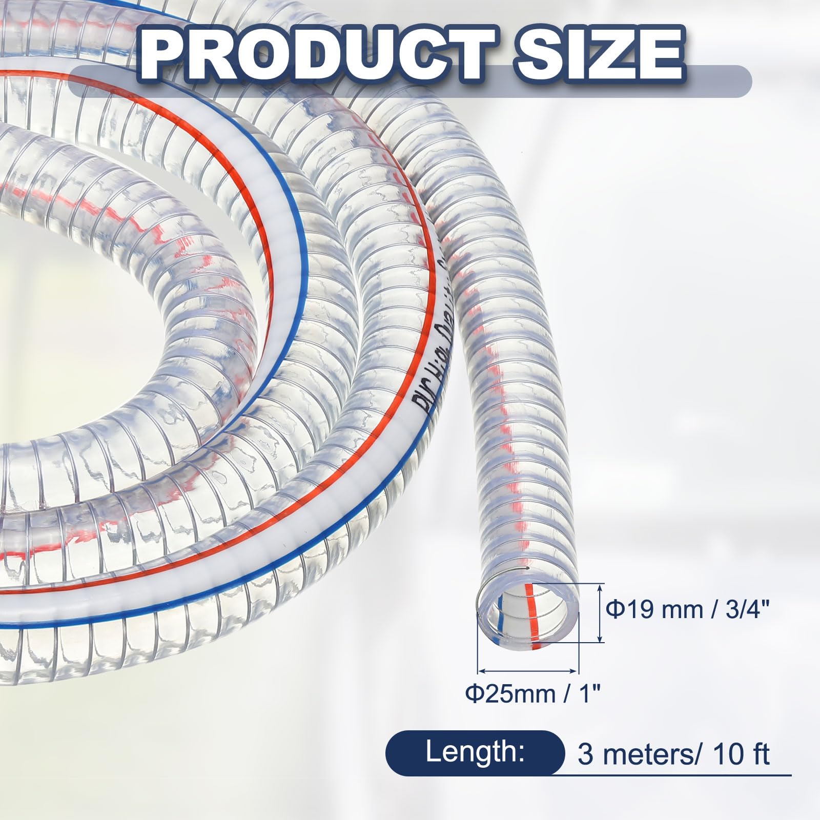 PATIKIL 3/4" / 19mm ID Tuyau Renforcé Avec Fil 3 Mètres, Tuyau D'Aspiration En PVC Vinyle Haute Pression Résistant Aux Produits Chimiques Avec Spirale En Fil D'Acier, Transparent