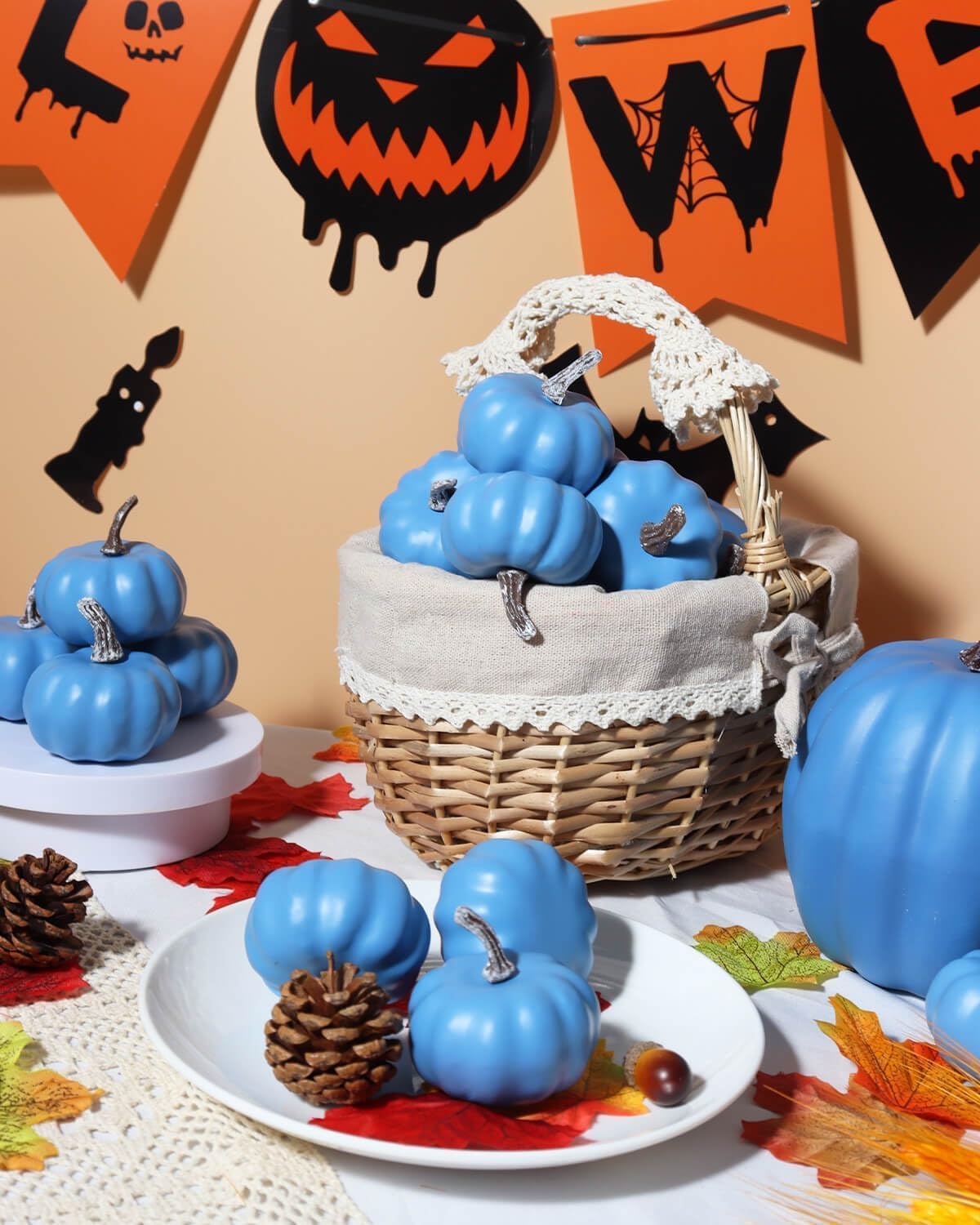 vensovo Blue Foam 2 Inch Mini Pumpkins for Decorating - 16PCS Small Plastic Pumpkins Bulk for Fall Decor, Blue Artificial Fake Pumpkin Perfect for Halloween Thanksgiving Decoration Fall Weding Decor