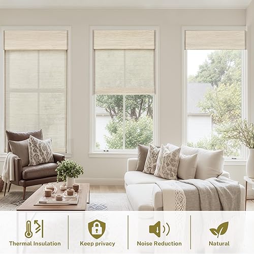 Miniatura 2 de Persianas romanas sin cordones para ventana, de lino puro natural, tejido de hierba de cáñamo, persianas enrollables de privacidad para ventanas,