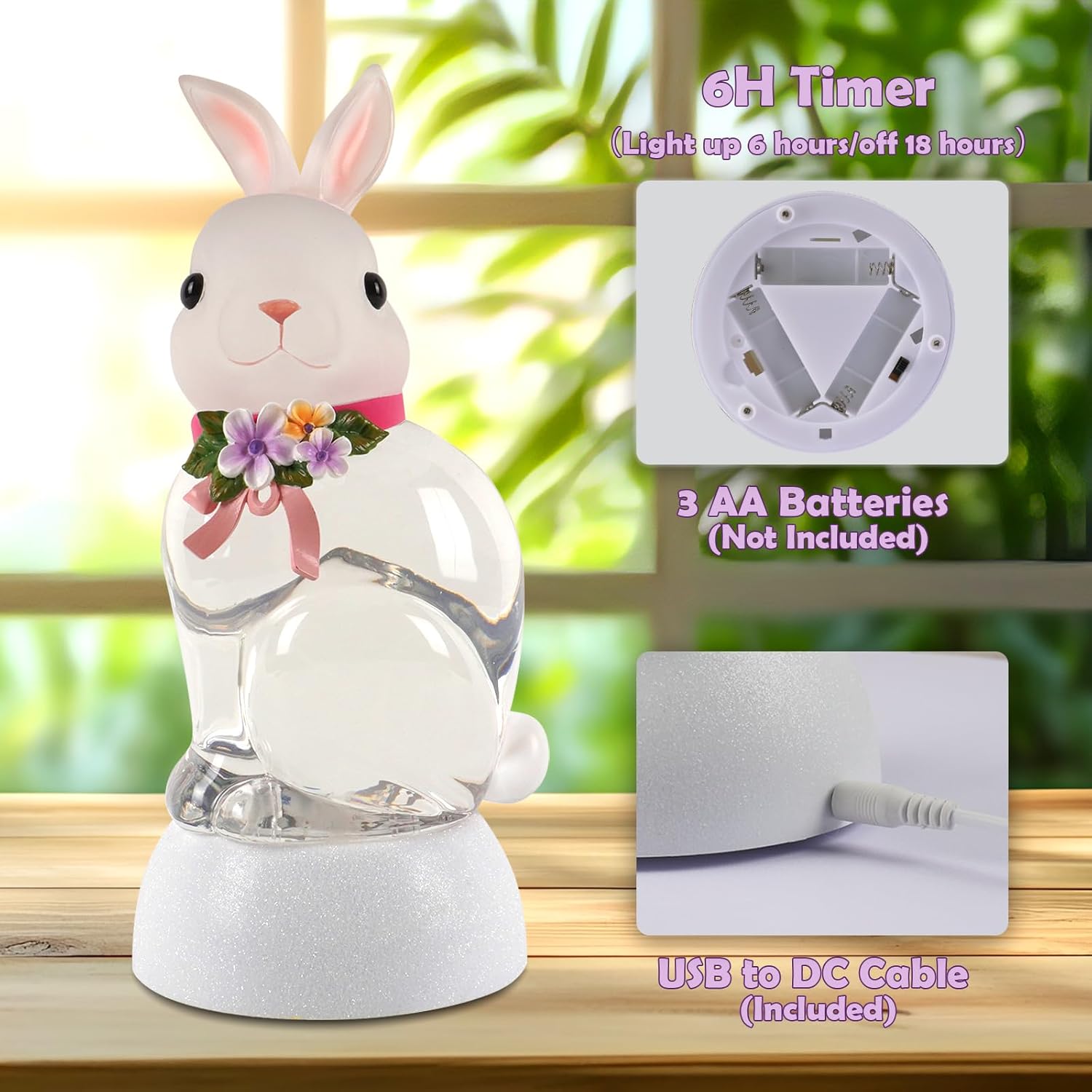 Easter Rabbit Snow Globe Lantern, Light Up Rabbits Glitter Snow Globes Decor with 6H Timer, USB/Battery Operated, Bunny Decoration for Easter Day Home Party Decor and Gift (Rabbit) - Image 4