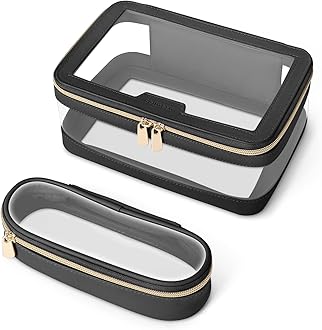 Travel Clear Makeup Bag with Makeup Brush Bag, Leather Makeup Case Toiletry Bag, Portable Cosmetic Bag Case, Transparent Waterproof Cosmetic Organizer Storage Bag for Women, Medium, Black