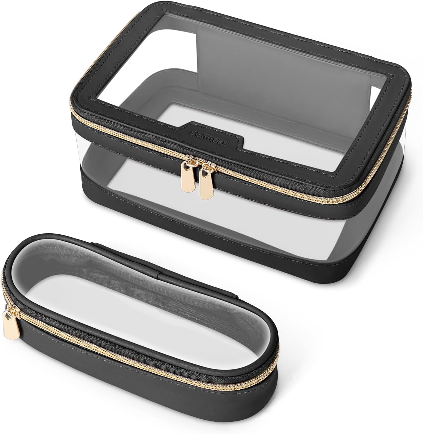 Soimeat トラベルクリアメイクバッグ メイクブラシバッグ付き レザーメイクアップケース トイレタリーバッグ ポータブルコスメバッグケース 透明 防水 コスメオーガナイザー 収納バッグ 女性用 Mサイズ ブラック, ブラック, 1袋+ブラシバッグ。