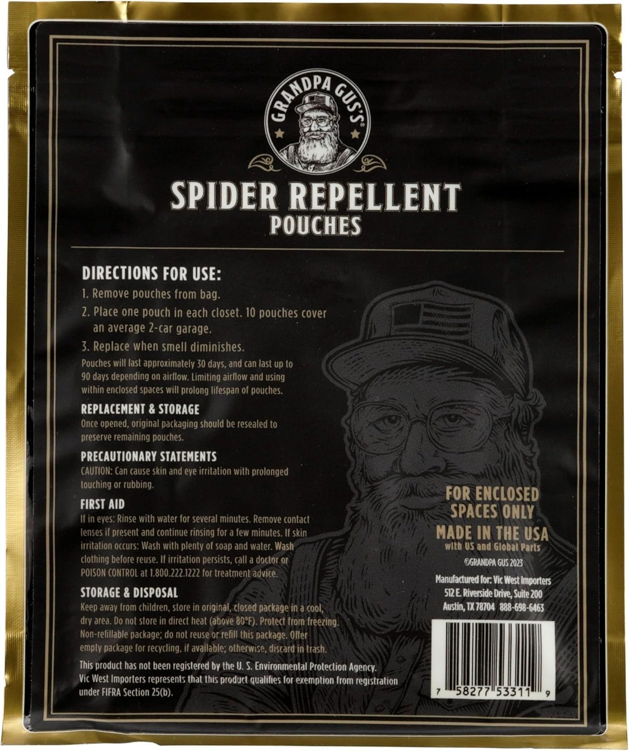 Grandpa Gus's Natural Spider Repellent Pouches, Peppermint and Lemongrass Oil Indoor Spider Deterrent, Wolf Spider Repellent, Closet, Basement, Cabin, Shed, RV and Garage, 10 Pack