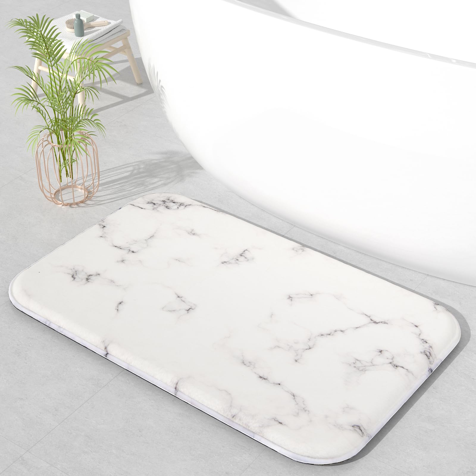 Alfombra de baño de espuma viscoelástica, extra gruesa y suave, microfibra de felpa similar a la cachemira, absorbe el agua, secado rápido, antideslizante (mármol blanco, 36 x 24 pulgadas)