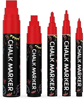 5 Red Chalkboard Chalk Markers - Red Dry Erase Markers for Blackboard, Chalkboard Signs, Windows, Glass | Variety Pack - Fine & Jumbo Size Ink Pen (1mm, 3mm, 6mm, 10mm, 15mm)