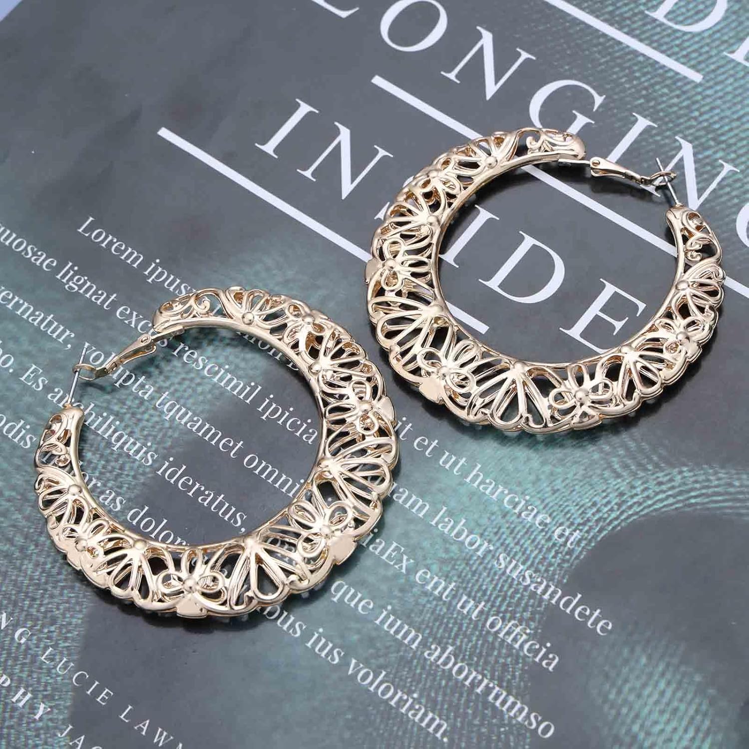 Andelaisi Boho Exaggerate Circle Earrings Vintage Pattern Circle Hoop Earrings Gold Hollow Circles Earrings Lightweight Filigree Round Earrings Jewelry for Women - Image 3