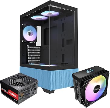 Raidmax i802 Vibe Series ATX Mid Tower Gaming Case Bundle Tempered Glass Side Panel, Includes 700W 80+ Power Supply, AM1204 Digital Display Air Cooler, and 5 Pre-Installed FRGB Fans Blue