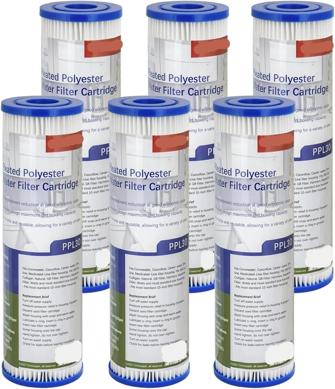 Compatible For Coronwater 10" X 2.5" Pleated Sediment Water Filter Cartridge 6 Pack For Home Purification System(30 Micron)