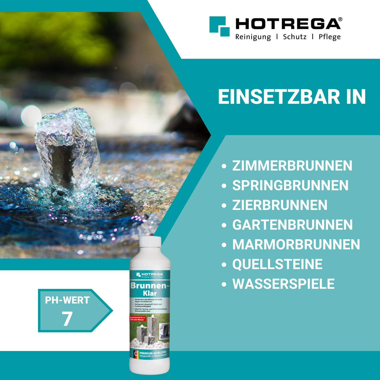 HOTREGA Brunnen-Klar 3x 500 ml | Brunnenreiniger gegen Kalk Algen und Bakterien | Für Innen- und Außenbereich | Geeignet für Zier- und Gartenanlagen