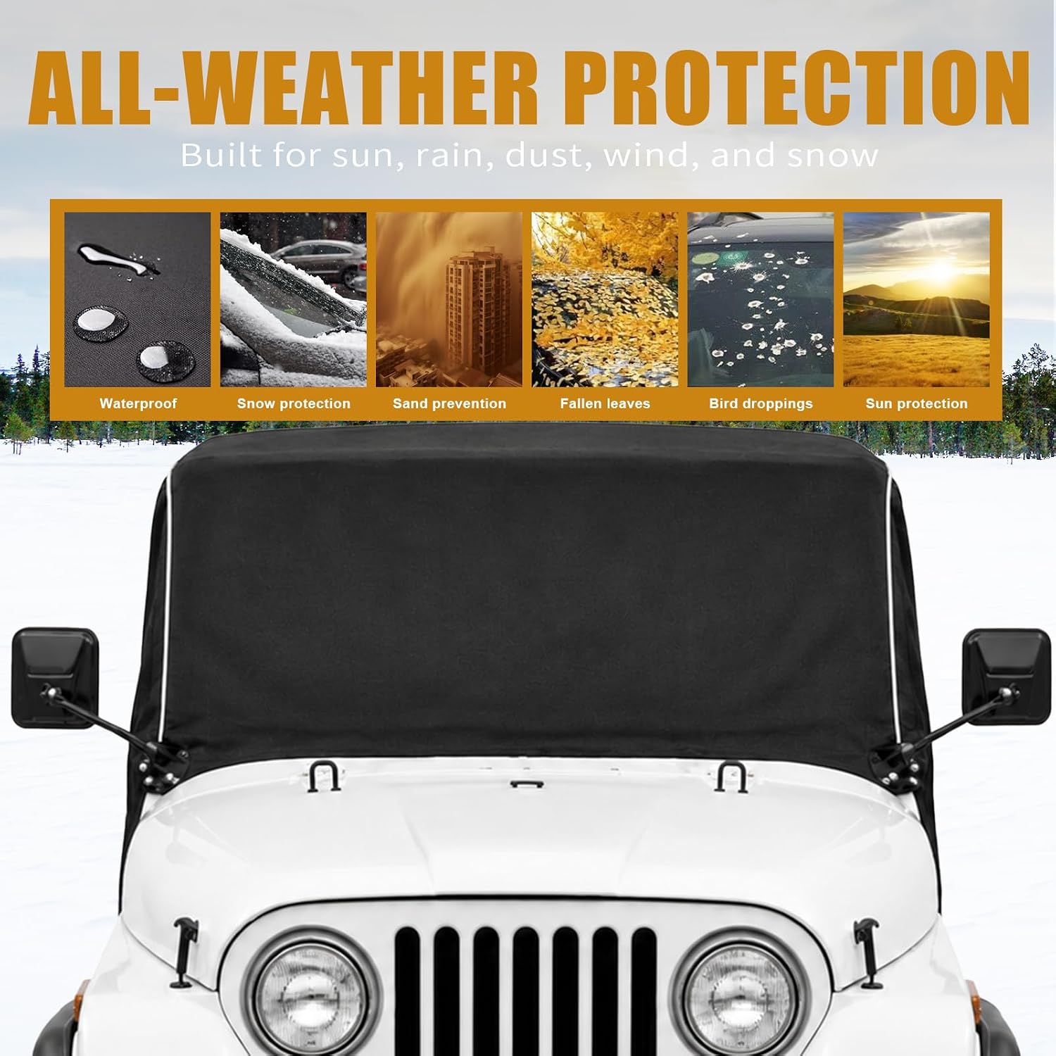 MAIKER OFF ROAD 600D Cab Cover Windproof Sunshade Cover Compatible with Jeep Wrangler CJ5 1976-1986 2 Door, 6-Layer Protection Frost Wiper & Mirror Covers Protect from Sunshine, UV, Snow, Rain