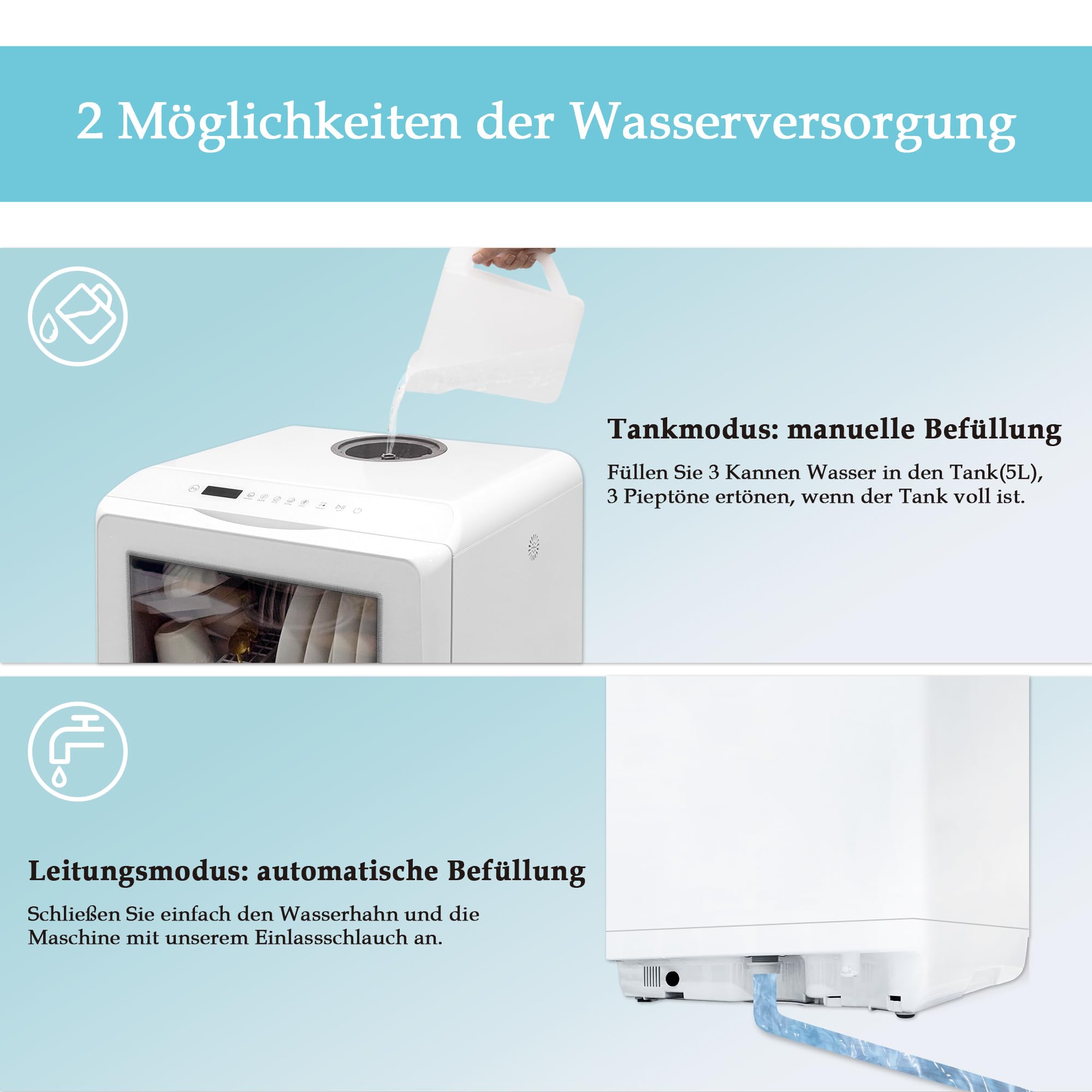 Mini geschirrspüler, tischgeschirrspüler, 6 Programme, Auto-Trocknung, mit oder ohne Wasseranschluss nutzbar, 5 Liter Wasser benötigt, Freistehend für Büro,Camping,Wohnmobil