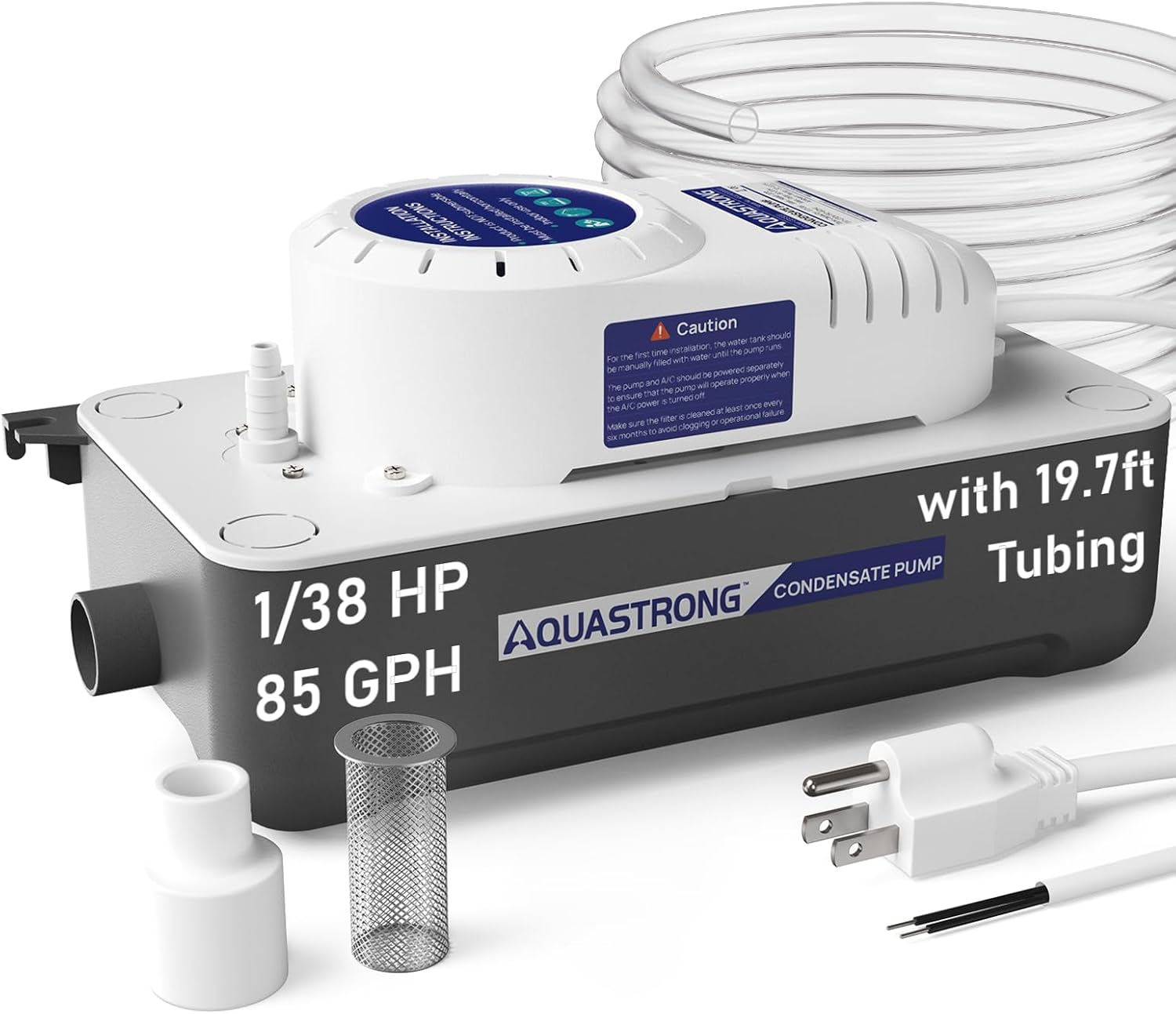 Aquastrong HVAC Condensate Pump, 115V/230V, Automatic Safety Switch, AC Condensate Removal for Air Conditioner, Furnace, Dehumidifier, 3.3' Power Cord, Gray, Medium Tank & 19.7ft Tubing