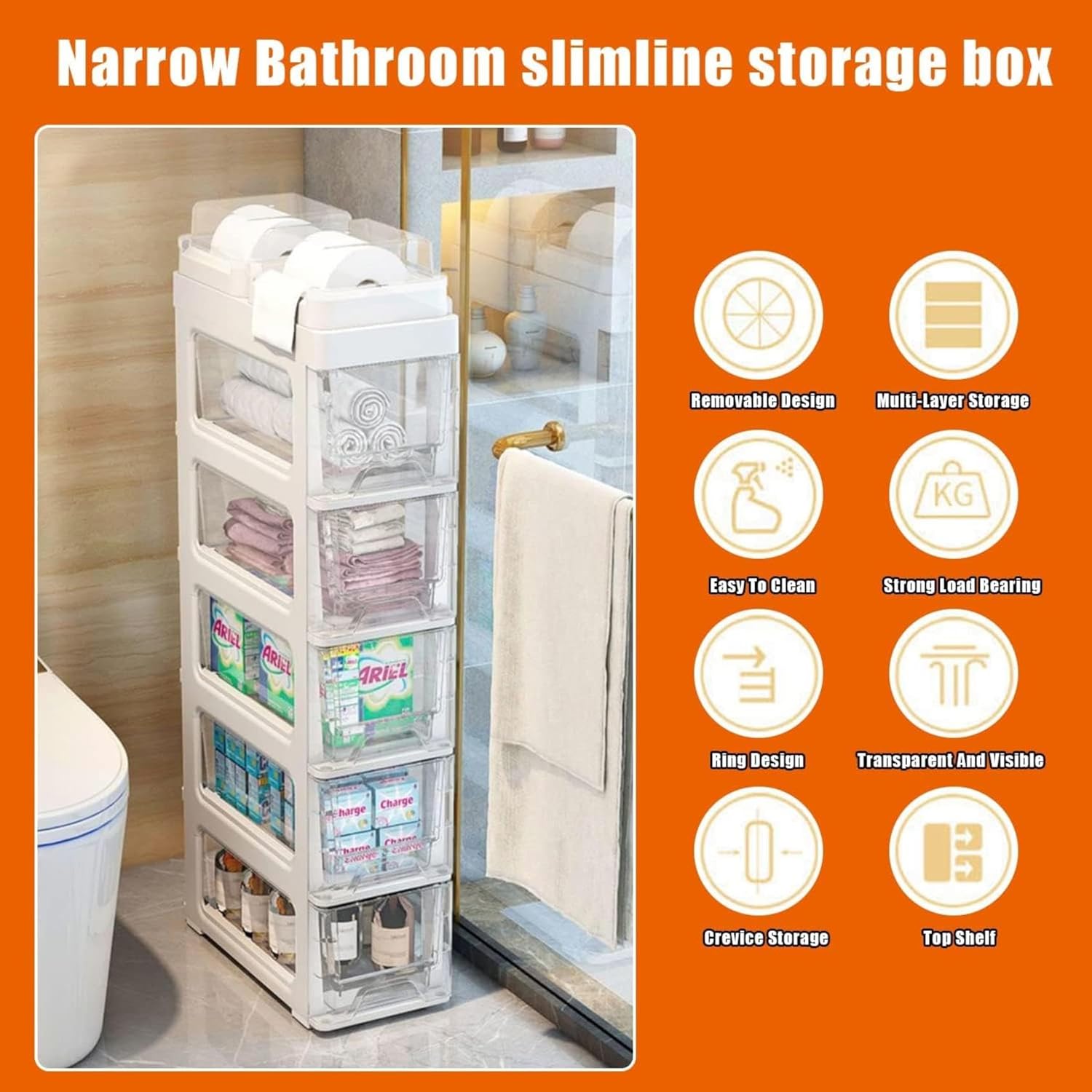 Bathroom Storage Cabinet with Doors and Shelves, Toilet Paper Storage, Waterproof Toilet Paper Storage Organizer, Narrow Storage Cabinet for Bathroom Storage,5 Tier,White top Tissue Box (4 Tier (4 T