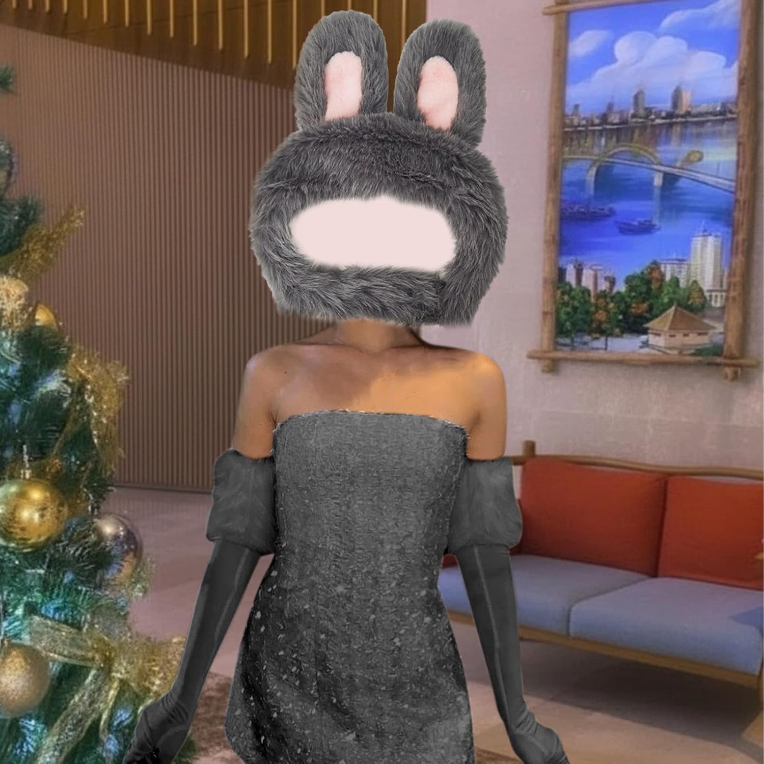 Plush Bunny Hat with Full Face Mask, Cosplay Accessories Compatible with LABUBU Style for Halloween Easter Christmas Party