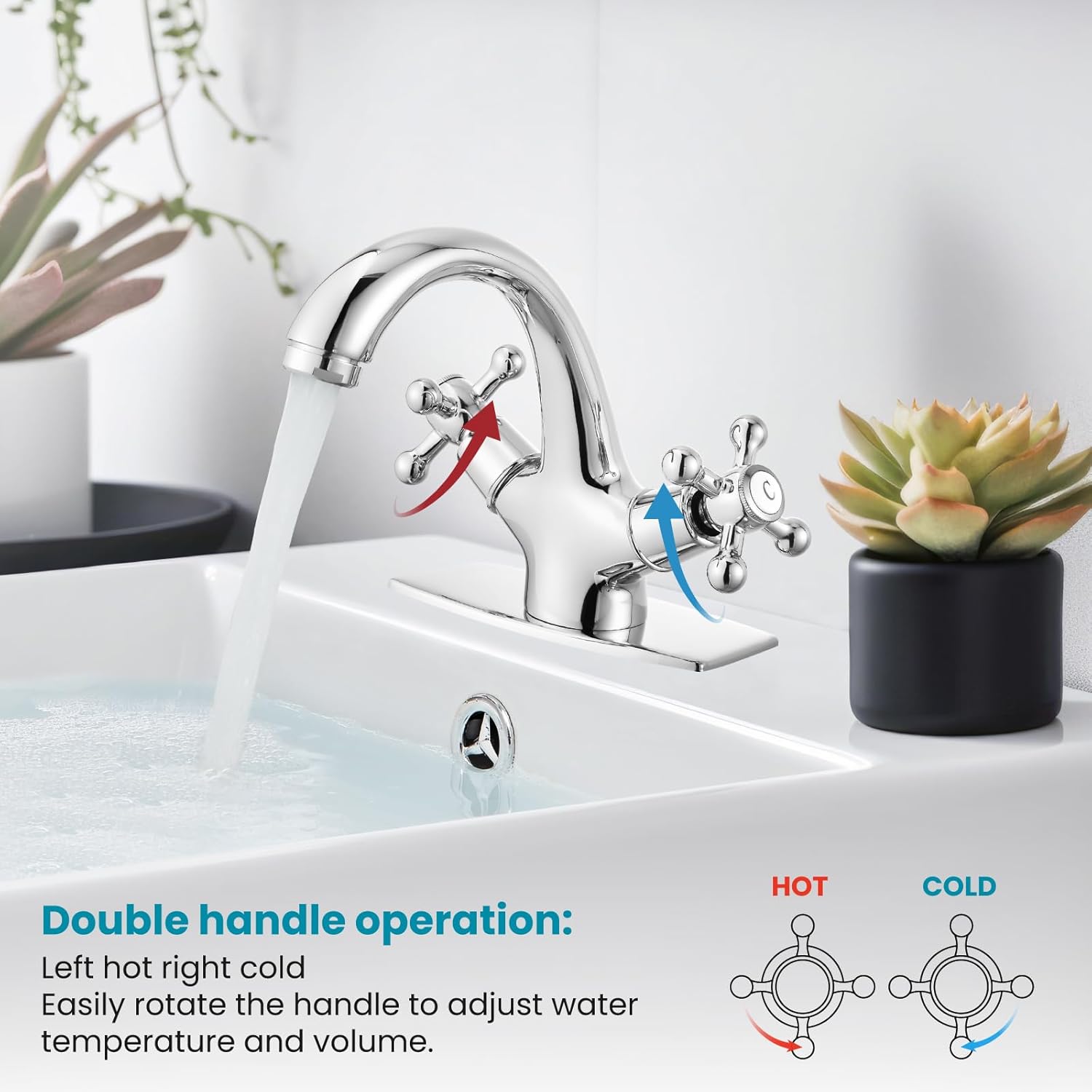 gotonovo Bathroom Sink Faucet Single Hole Double Cross Handle Knobs Lavatory Vessel Sink Mixer Tap Bathroom Faucet with Pop up Drain and Deck Cover Plate Polish Chrome