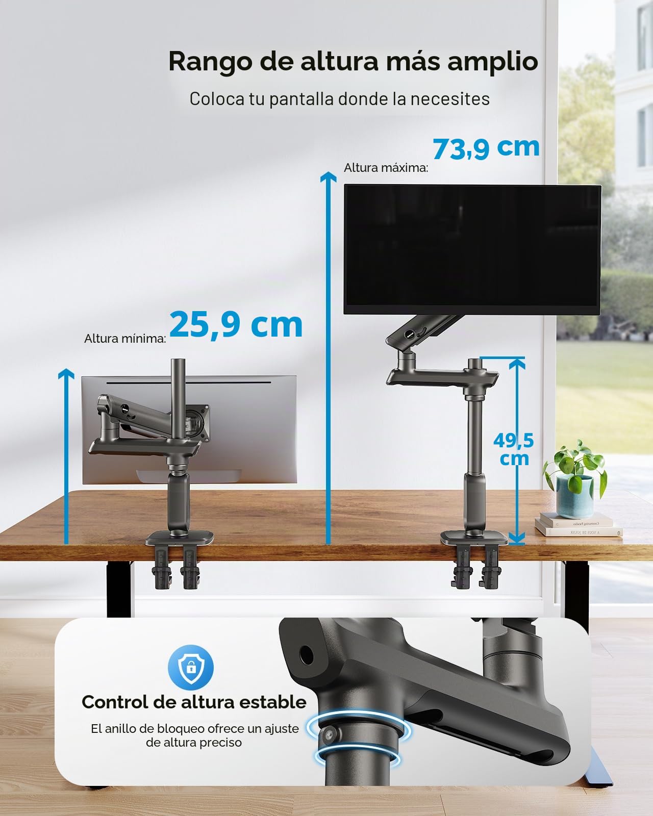 HUANUO Brazo de Monitor Resistente para Pantallas Ultra Anchas de 13 a 49 Pulgadas, soporta 18 kg, Soporte para Monitor de Juegos de Escritorio con Ajuste de Altura de 739 mm, VESA 75x75 100x100