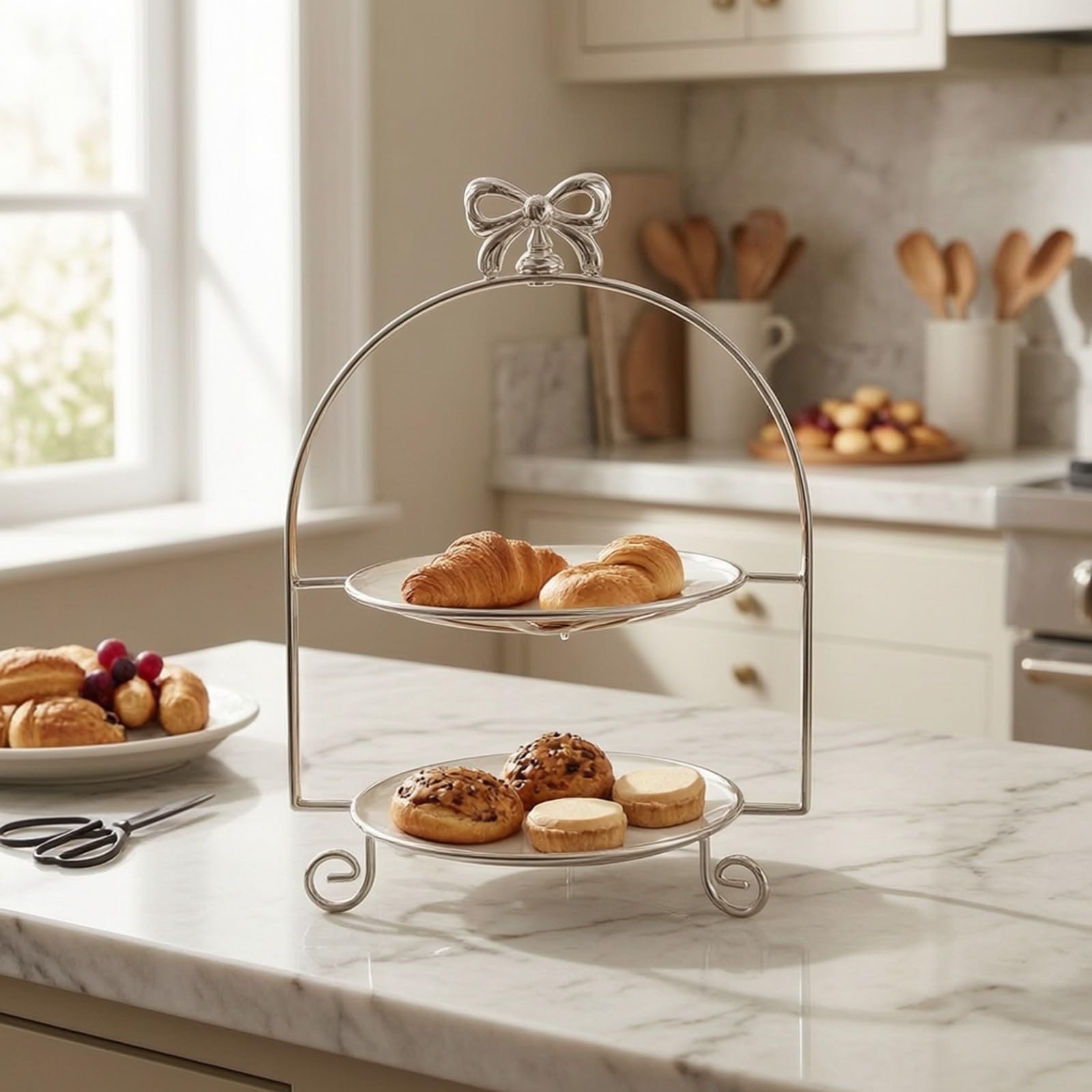 Soporte para Tartas con Base Redonda | Estilo Europeo, Soporte para Tartas Dos Pisos, Galvanizado, Expositor Alimentos con Asa, Bodas, Reposteros , Plata