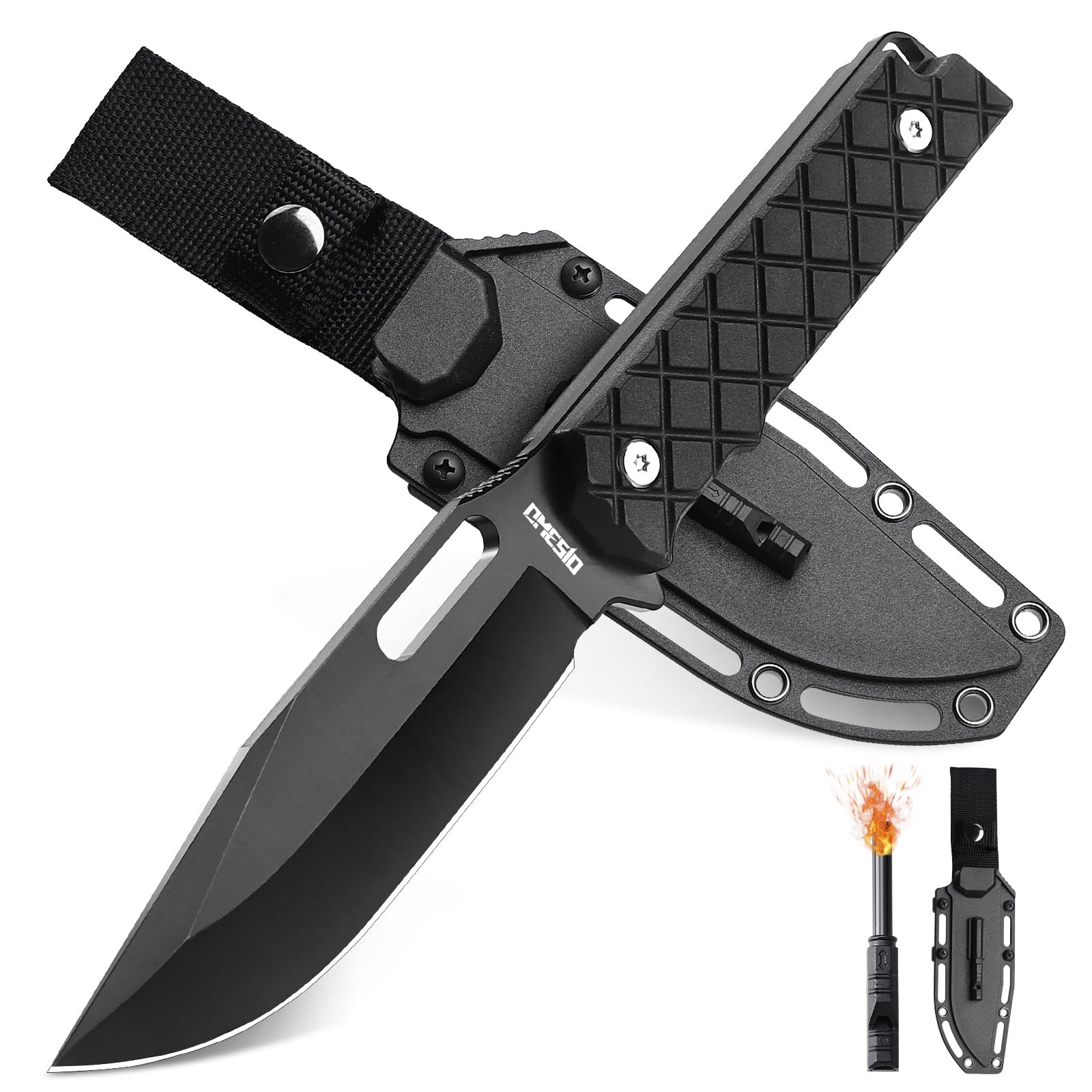 Omesio L-PJ21 Cuchillo de Supervivencia Full Tang con Funda Kydex, Acero 5CR13MOV, Pedernal y Paracord, Cuchillo Bushcraft Fijo para Camping, Senderismo, Caza y Outdoor