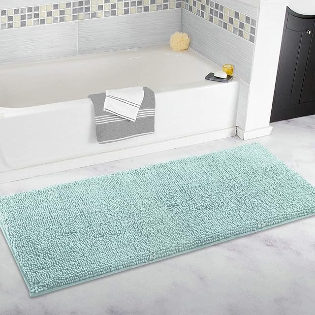 ITSOFT Plush Microfiber Long Runner - Non Slip Soft Bathroom Rug, Absorbent Machine Washable Chenille Bath Mat | Quick Dry Carpet, Great for Bath, Shower, Bedroom, or Door Mat, 120x53cm Spa Blue