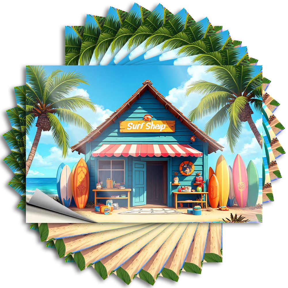 Country, Quote Tiki Cover A Colorful Beach Shop with Surfboards and Palm Trees | Motivational Waterproof Vinyl Stickers(6X9CM)