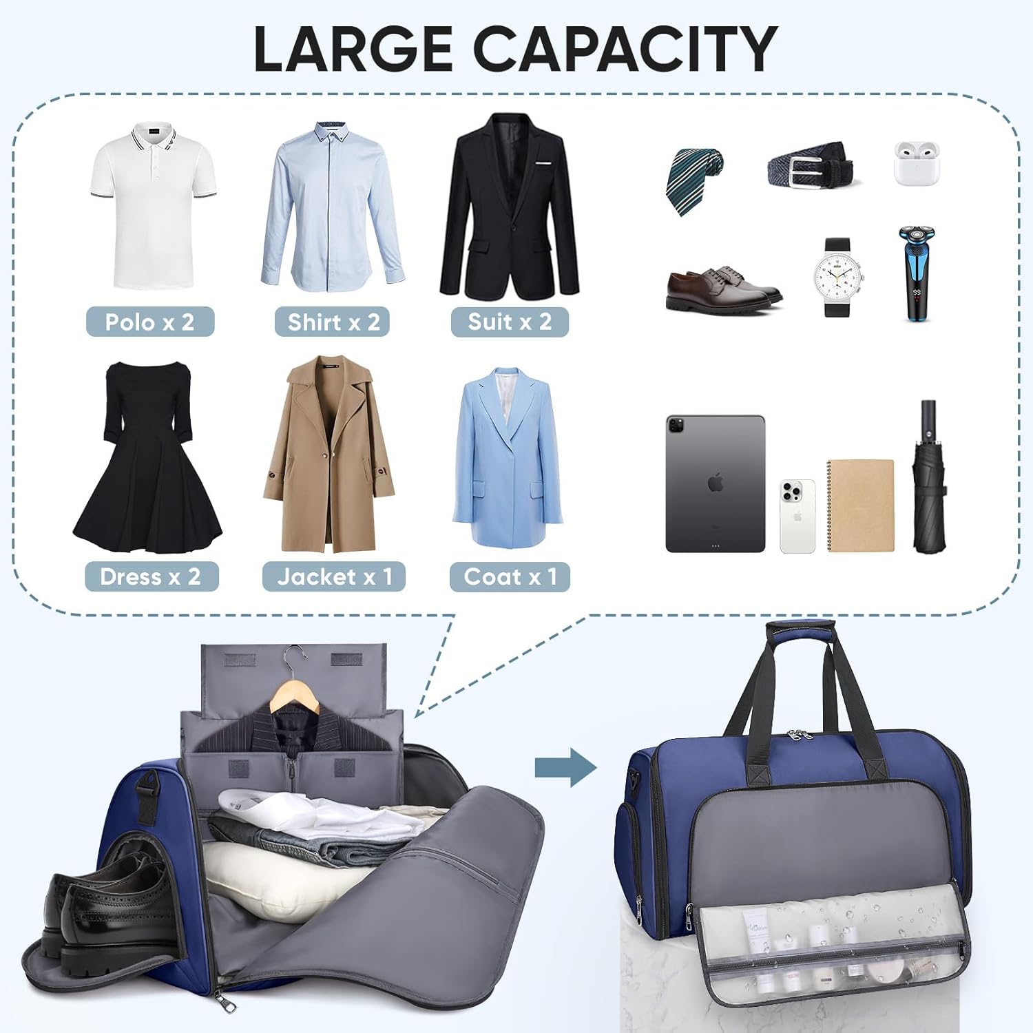BALEINE Convertible Travel Garment Bag, Travel Suit Bag for Men, 2 in 1 Carry on Garment Bag for Hanging Clothes, Garment Duffel Bag for Travel Business (Navy)