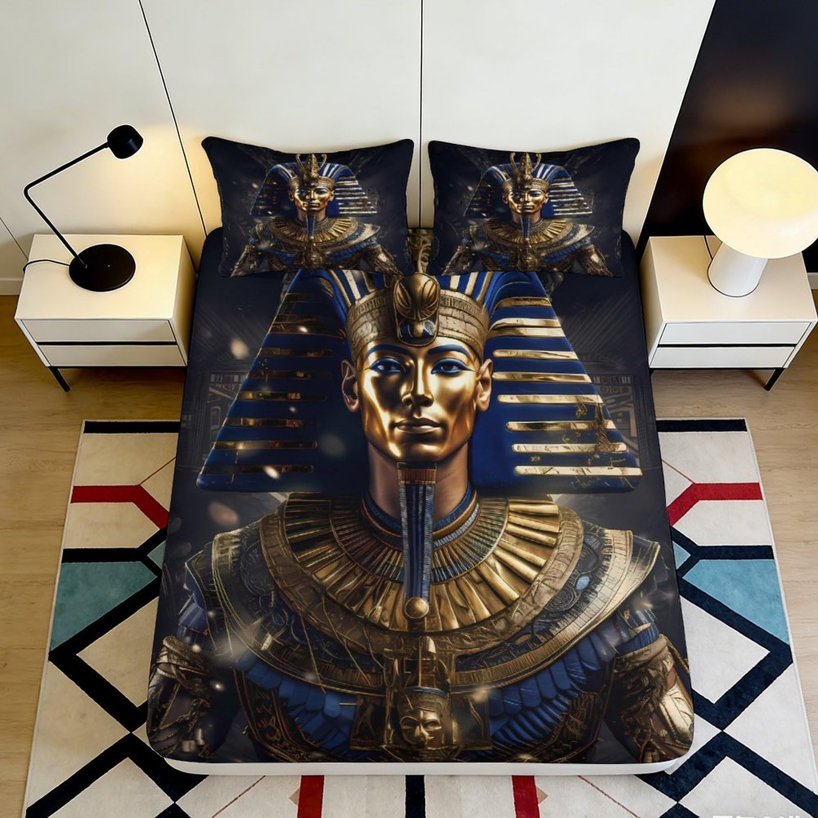 3D Printed Pharaoh Fitted Sheet Microfiber Deep Pocket Non-Slip Egyptian Mattress Fitted Cover Bedroom 90x200x25cm
