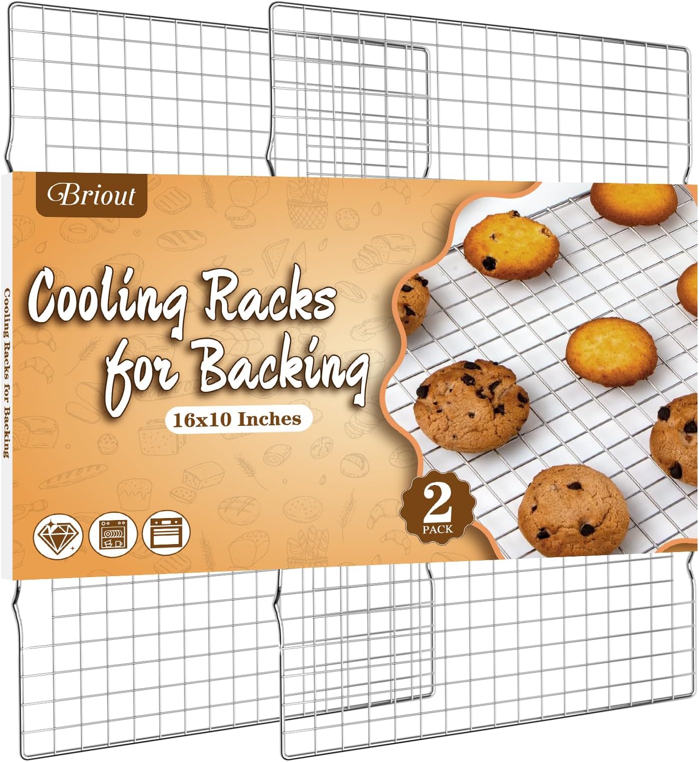 Briout Cooling Rack for Baking 2-Pack, 16x10 Inches Baking Rack, Thick Wire Cookie Rack for Cooking, Roasting, Grilling, Drying, Oven Safe, Fits Half Sheet Pan