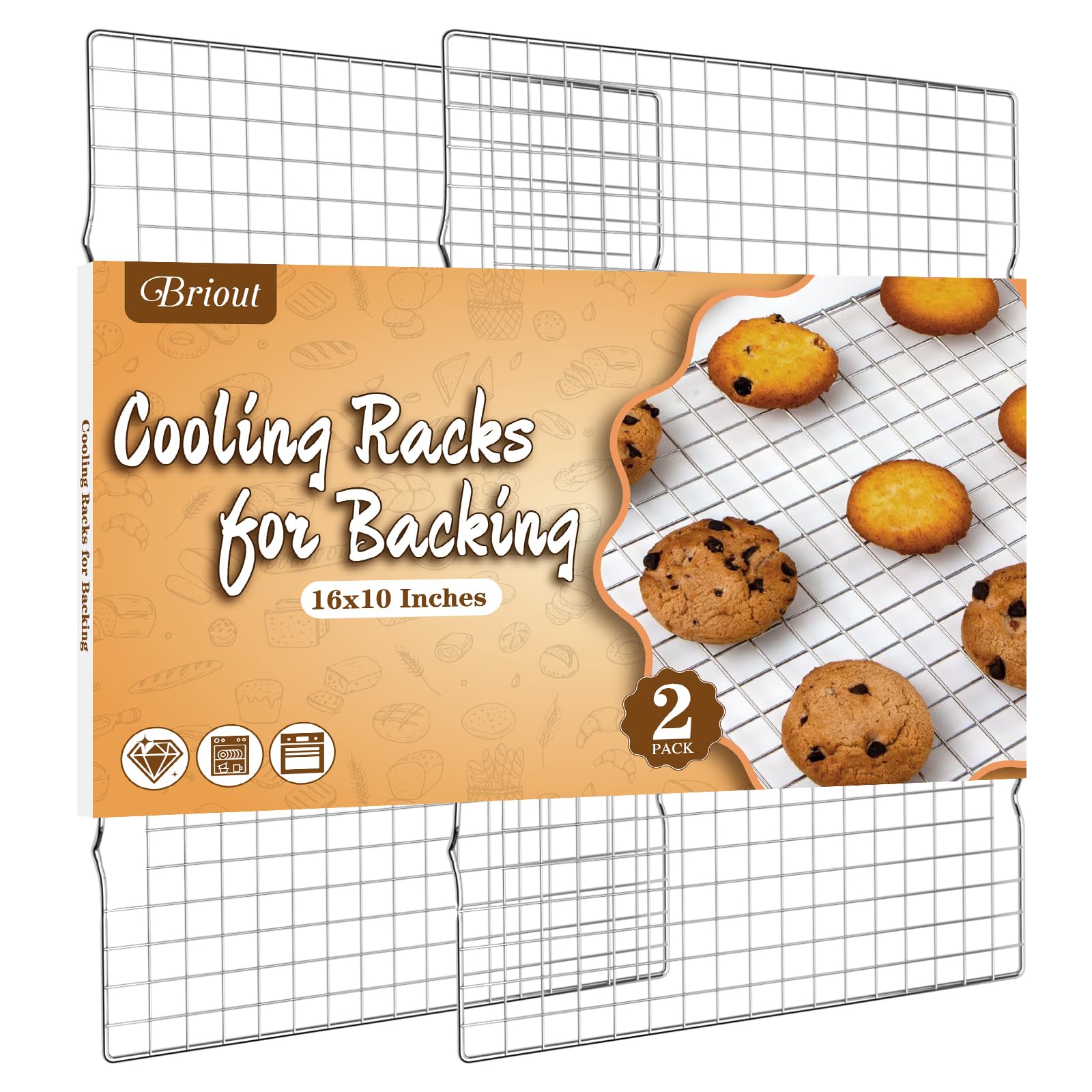 Cooling Rack for Baking 2-Pack, 16x10 Inches Baking Rack, Thick Wire Cookie Rack for Cooking, Roasting, Grilling, Drying, Oven Safe, Fits Half Sheet Pan, Silver