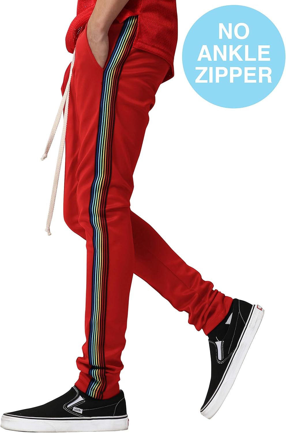Mens Track Pants with Thin Rainbow Stripe (Small, P126z1_red) - Image 2