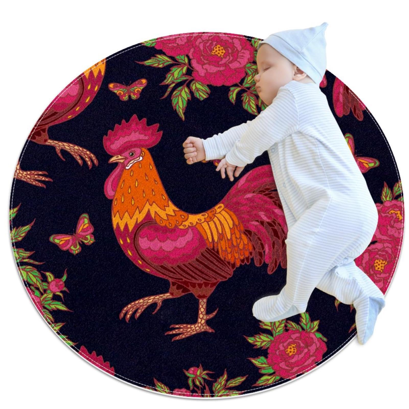 Tapis de salle de bain motif coq rouge et fleurs | Rond 1m antidérapant