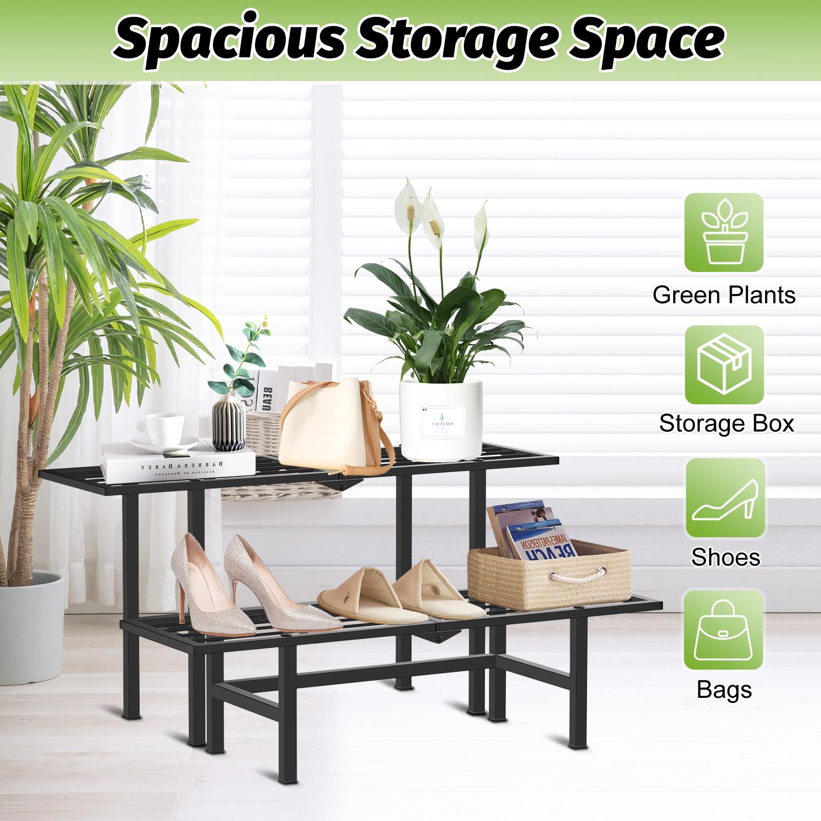 Support pour plantes à 2 niveaux pour extérieur et intérieur, étagère séparée pliable en métal robuste, support d'échelle pour pots de fleurs, présentoir pour salon, jardin, balcon, terrasse