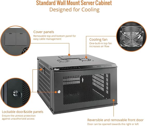 Tecmojo 6U Wall Mount Rack Network Cabinet for 19 IT Equipment,with Lockable Mesh Door and Side Panels,Cooling Fan,450mm Depth (Standard 6U/450mm Deep), Mesh/Black