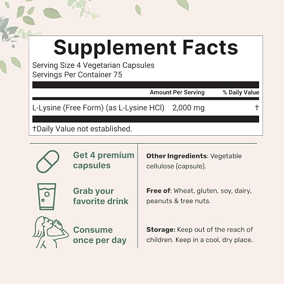 Pure L-Lysine 2,000mg, 300 Veggie Capsules | Maximum Potency, Easily Absorbed, Free Form | Essential Amino Acid for Collagen, Lip, Immune Support | Clean Ingredients Without Fillers