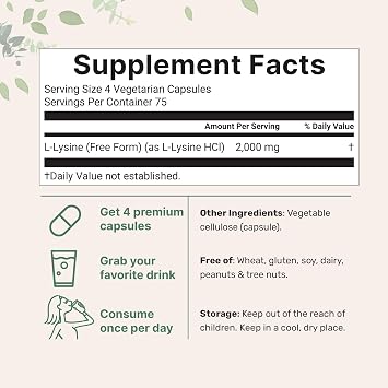 Pure L-Lysine 2,000mg, 300 Veggie Capsules | Maximum Potency, Easily Absorbed, Free Form | Essential Amino Acid for Collagen, Lip, Immune Support | Clean Ingredients Without Fillers