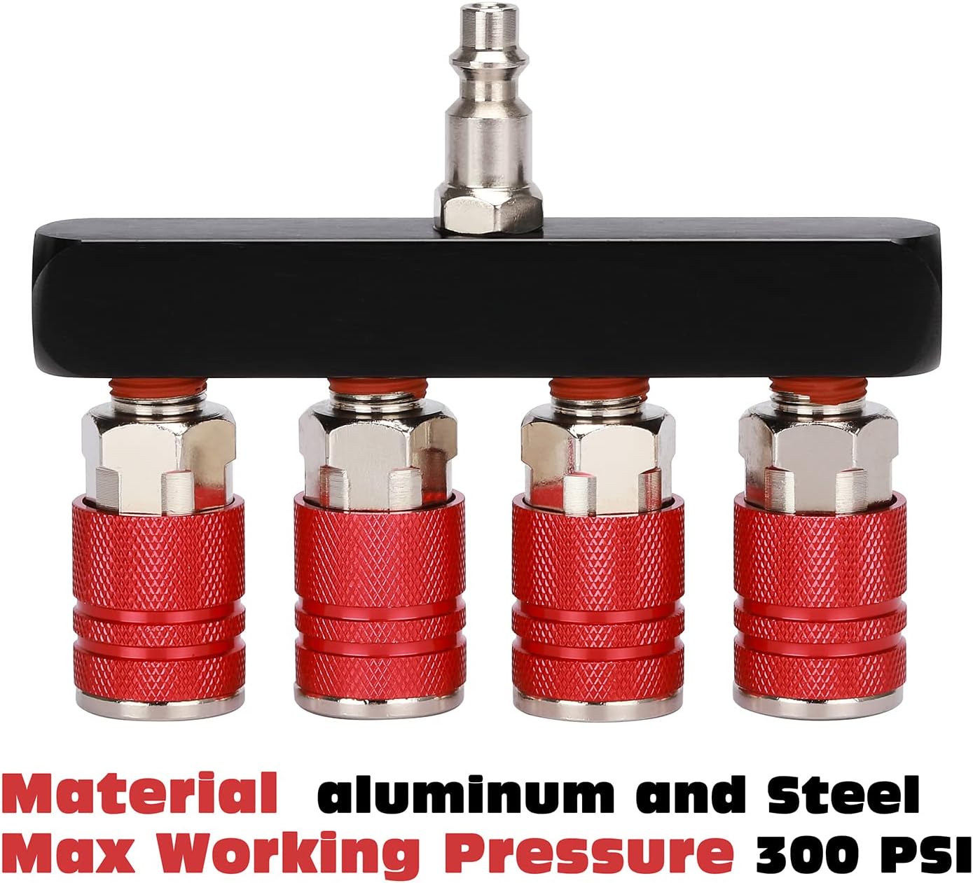AIRTOON 2PCS 4-Way Straight Air Manifold Splitter, Line Type Air Compressor Splitter with 4 Couplers and 1/4" MNPT Plug,1/4 Inch NPT Air Fittings, Red and Blue