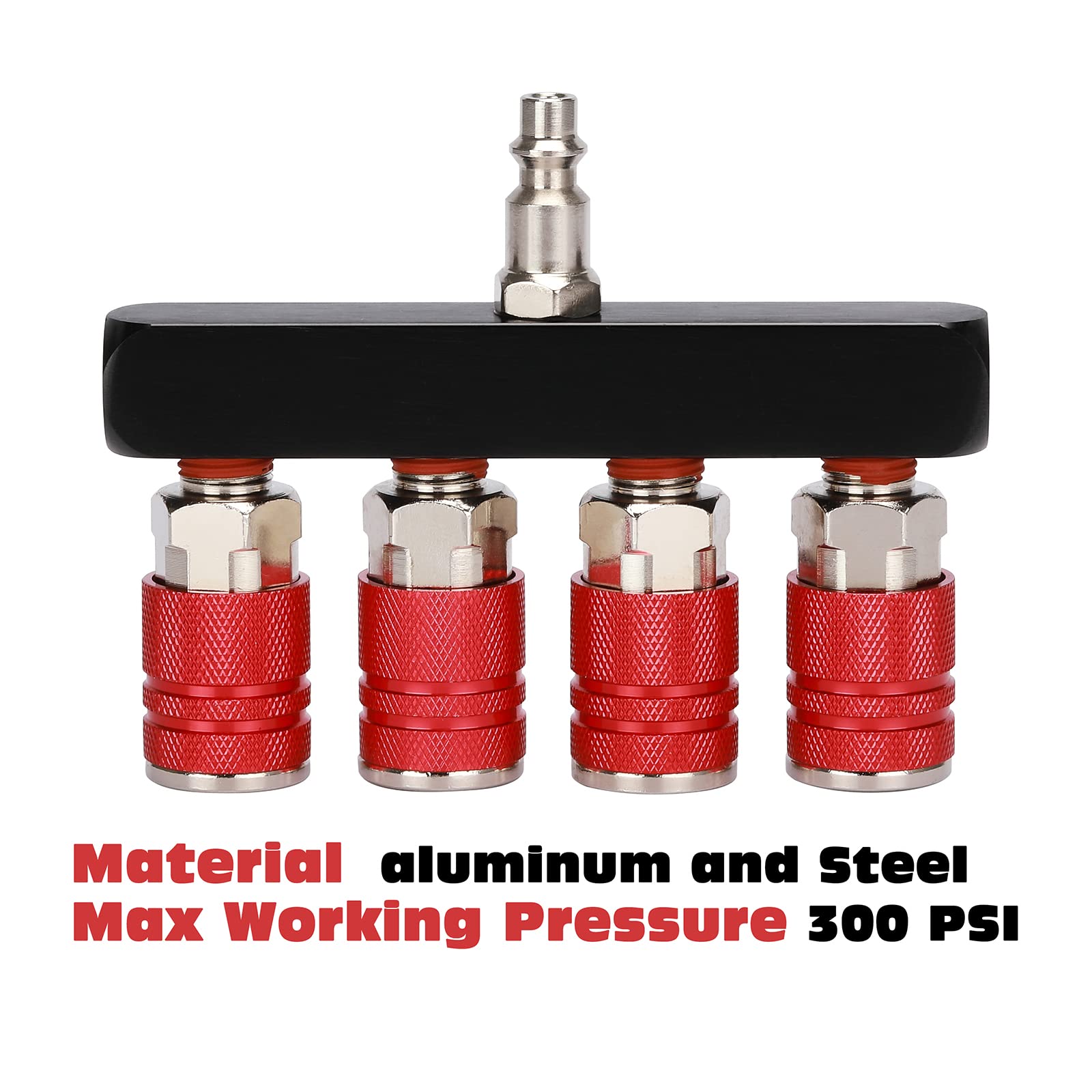 2 x gerader 4-Wege-Luftverteiler, Leitungstyp-Luftkompressor-Verteiler mit 4 Kupplungen und 6,35 mm MNPT-Stecker, 1/4 Zoll NPT Luftarmaturen, Rot und Blau, 2 Stück