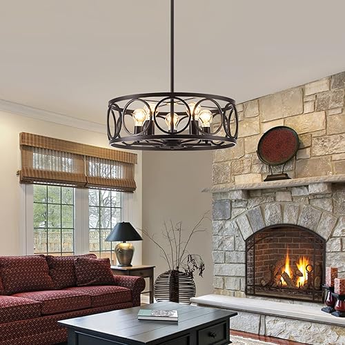 Miniatura 8 de Lámpara de araña negra de 5 luces, colgante de tambor de metal retro de 20.5 pulgadas, altura ajustable, lámpara colgante vintage rústica para