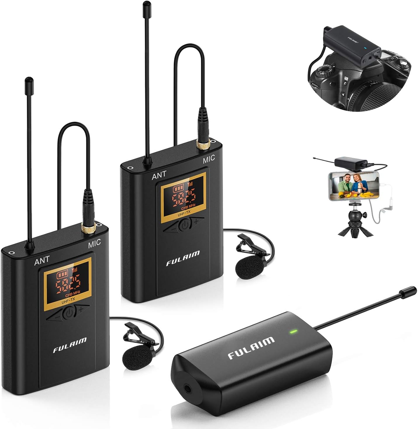 FULAIM WM300 2-Person Camera Mount Wireless Lavalier Microphone System, 20 Channels UHF Wireless Omni Lapel Mic Compatible with iPhone, Android Phone, DSLR Camera for Video Recording Vlog Interview