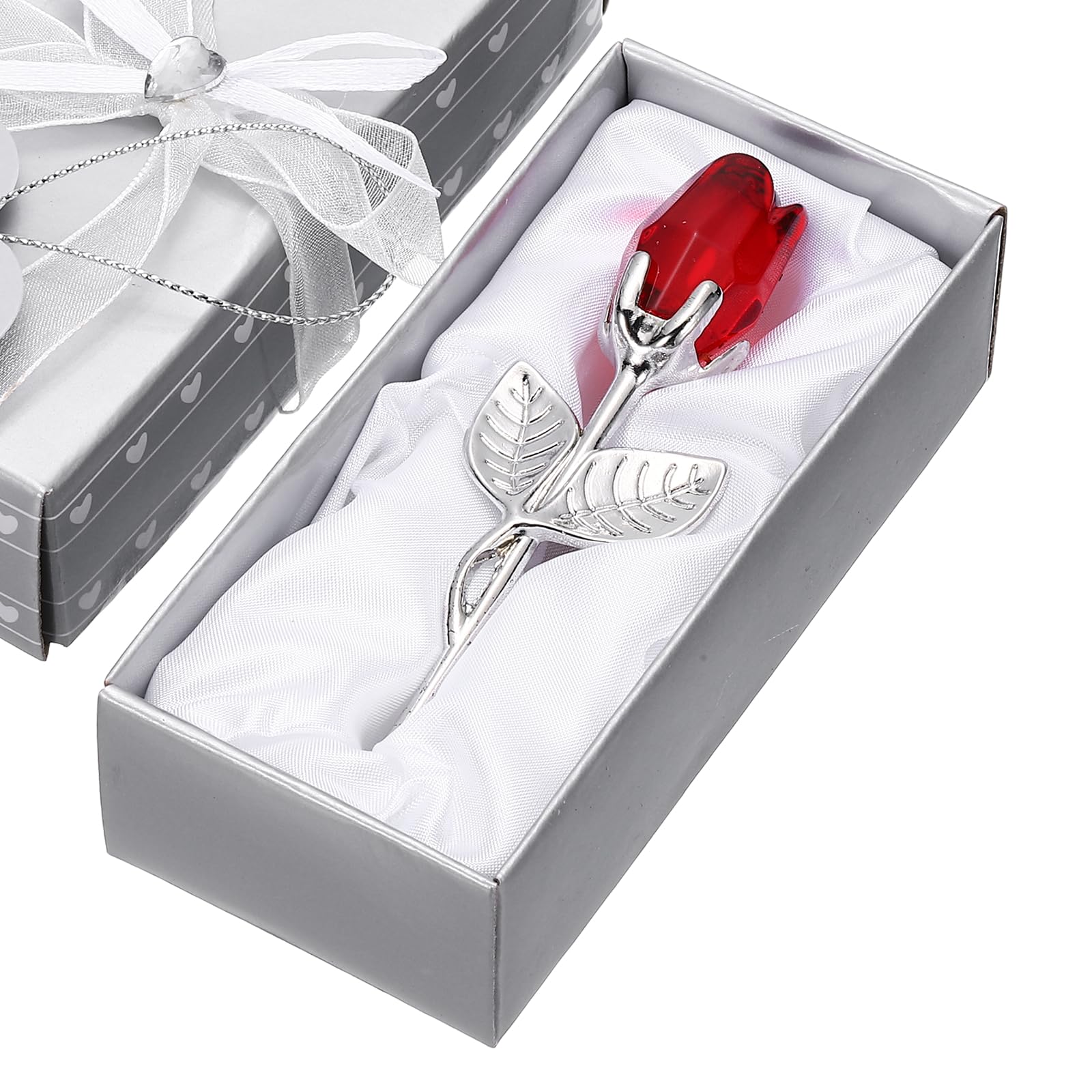 sourcing map Mini Crystal Rose with Box, Romantic Crystal Rose Flowers Rose Gifts for Birthday Valentine's Day Gifts, Red&Silver
