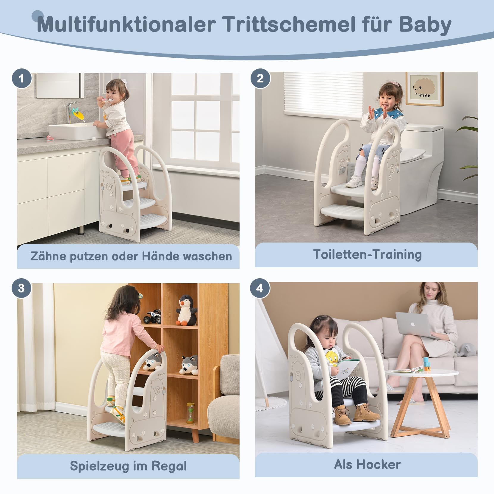 Tritthocker für Kinder, Trittleiter Kinder mit 3 Stufen, Höhenverstellbar, Sicherer, Lernturm, Trittschemel, Tritt-Schemel Kinderschemel für Baby (Weiß/Hellgrau)