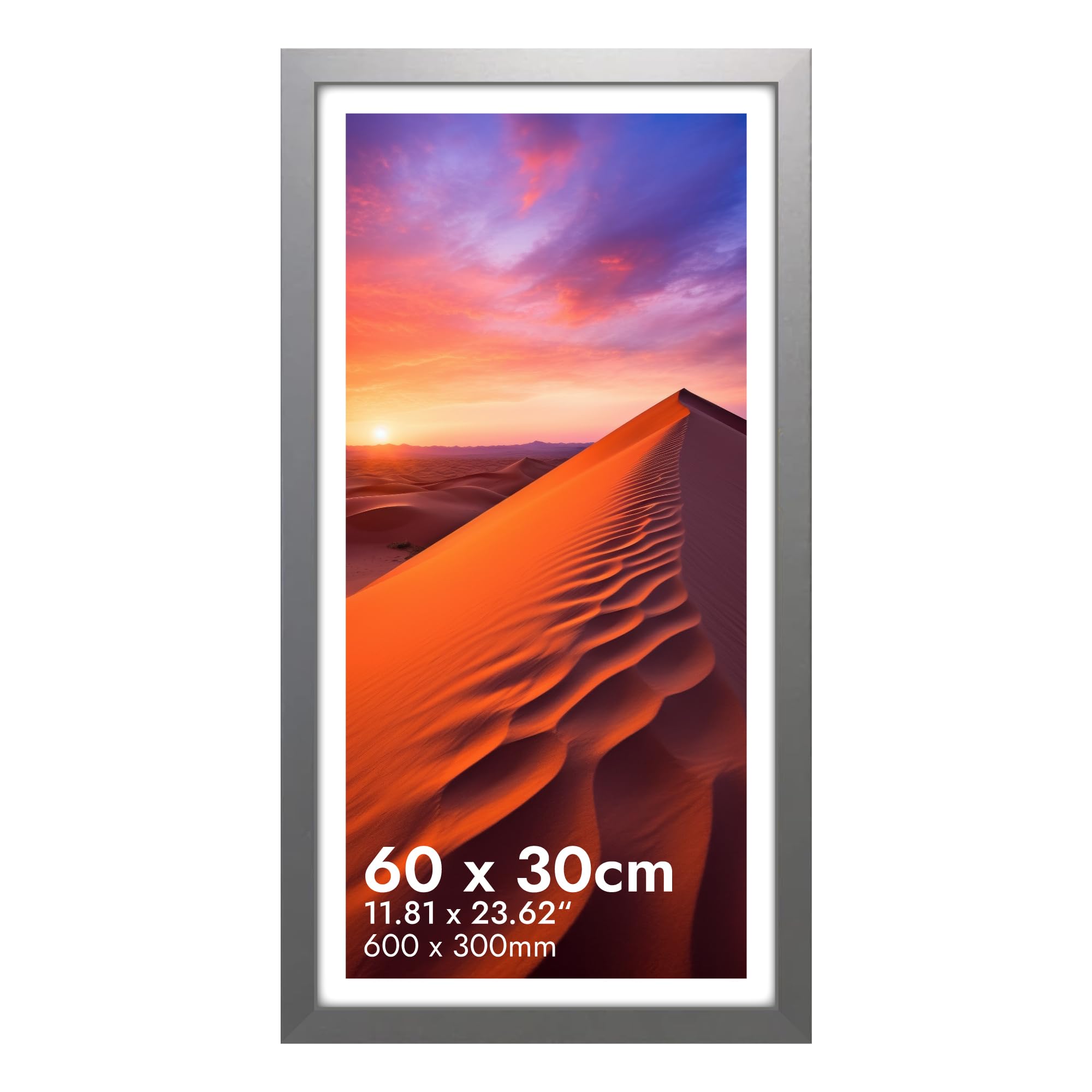 HNK Panaromic Picture Frames 30x60cm Engineered Wood and Plexiglass, Silver Photo Frame 300×600mm Dual Orientation Landscape or Portrait, Picture Frame 60x30cm Wall Hanging Display Photos