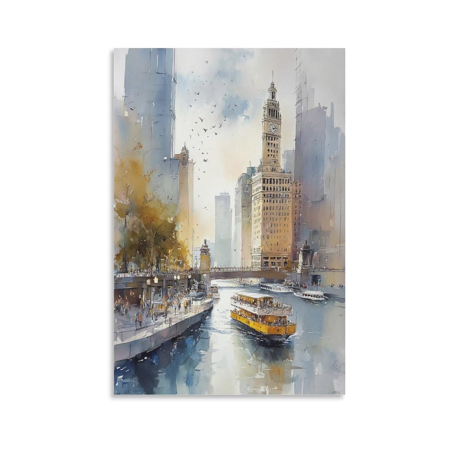 XWYMXZ Boston Watercolor Painting Travel Poster 24x36inch(60x90cm) Vintage Watercolor Canvas Art