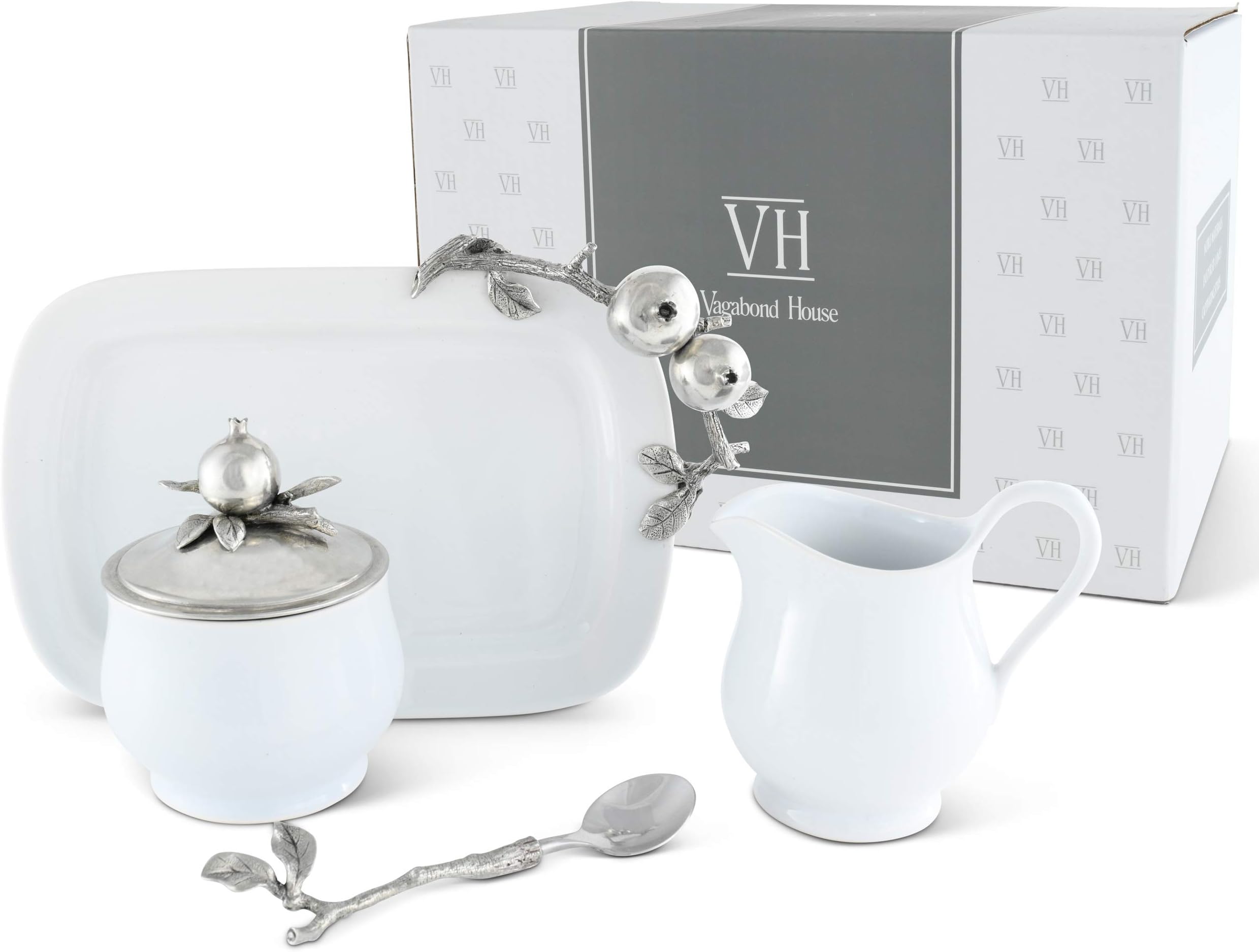 Vagabond House Pewter Pomegranate Stoneware Creamer 5 Pieces creamer pitcher, lidded sugar bowl, decorative handle sugar spoon Symbol for Righteousness Tray for Coffee and Tea 12.25 inch Long Tray