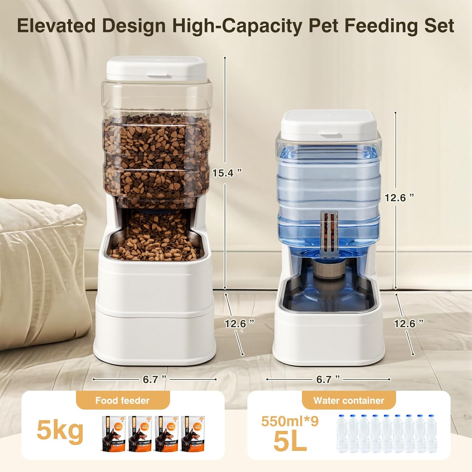 2 Pack Automatic Cat Feeder and Water Dispenser 1.3Gallon Dog Gravity Food Feeder and Water with Ice Pack Stainless Steel Dry Food and Waterer Bowl for Small Medium Large Pets (White)