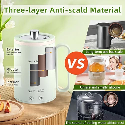 Miniatura 5 de Pequeña tetera eléctrica portátil calentador de agua caliente de 13.5 fl oz, hervidor de café de té de viaje de 300 W, olla de estofado de salud